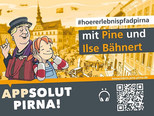 Plakatmotiv des Hörerlebnispfades mit Pine und Ilse Bähnert