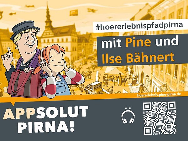 Plakatmotiv des Hörerlebnispfades mit Pine und Ilse Bähnert