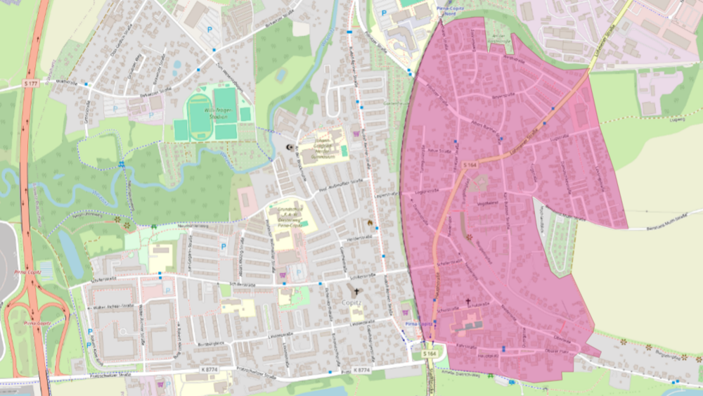 Breitbandausbau Pirna Copitz Ost Kartenansicht von Open Streetmap mit dem Ausbaugebiet Breitband Pirna Copitz Ost