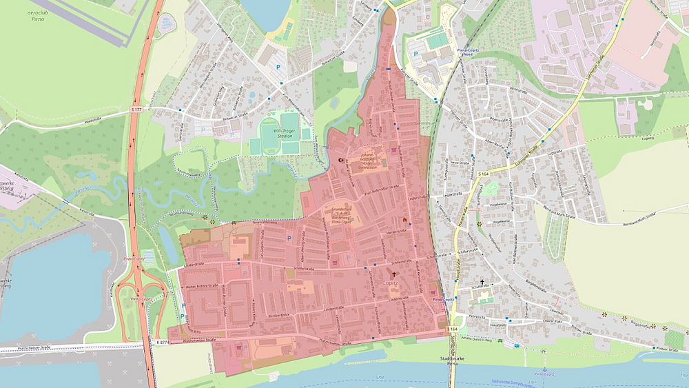 Breitbandausbau Copitz Karte mit dem Gebiet, in welchem die Telekom das Breitbandnetz ausbaut