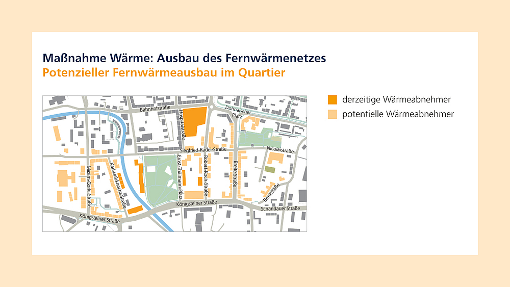 Kartenausschnitt mit bestehendem und potentiellem Fernwärmenetz im Quartier