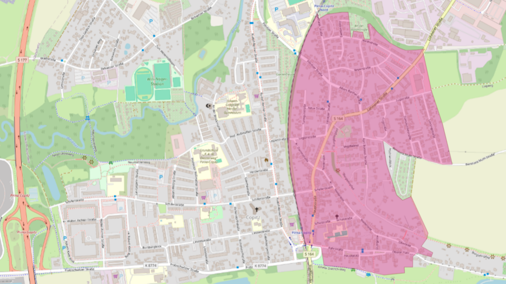 Kartenansicht von Open Streetmap mit dem Ausbaugebiet Breitband Pirna Copitz Ost