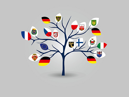 Netzwerk Städtepartnerschaften Grafik mit Baum, der Wappen und Flaggen der Partnerstädte trägt