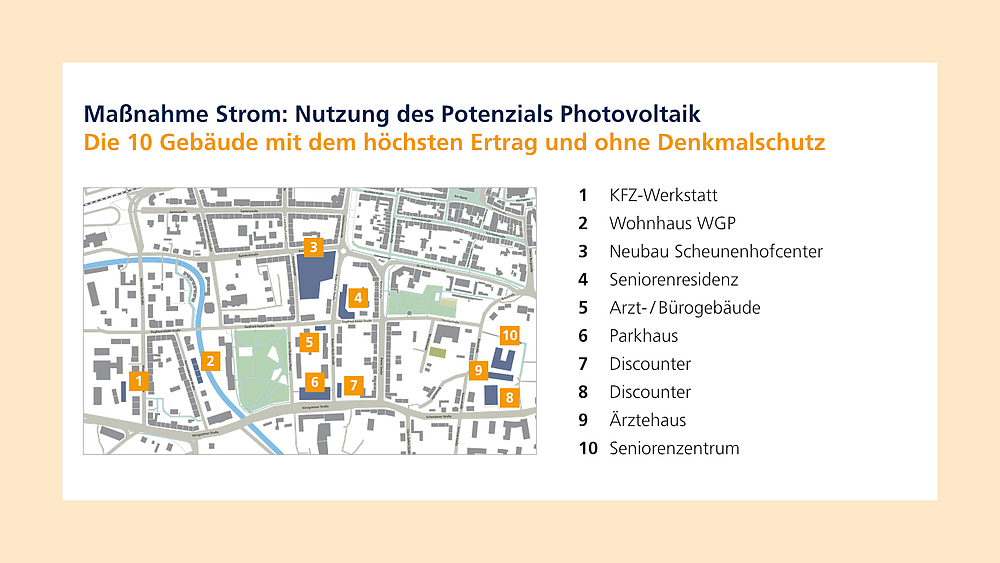 Quartierskonzept Photovoltaik Potential Standorte Kartendarstellung der potentiellen Standorte für Photovoltaik-Anlagen auf Gebäuden im Quartier