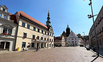 Marktplatz Pirna – Obermarkt Canalettoblick Weitwinkel