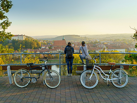 Blick auf Pirnas Altstadt und Schloss Sonnenstein Radfahren in und um Pirna