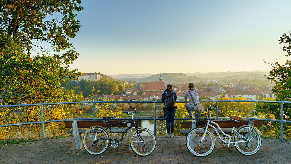 Blick auf Pirnas Altstadt und Schloss Sonnenstein Radfahren in und um Pirna