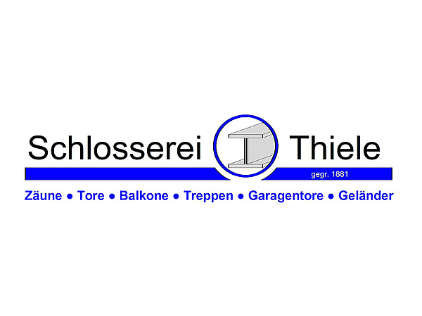 Logo der Schlosserei Thiele Schriftzug Schlosserei Thiele mit blauem Balken und T-Träger