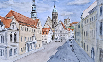 Gemälde von Dieter Hartmann Pirnaer Marktplatz gezeichnet von Dieter Hartmann