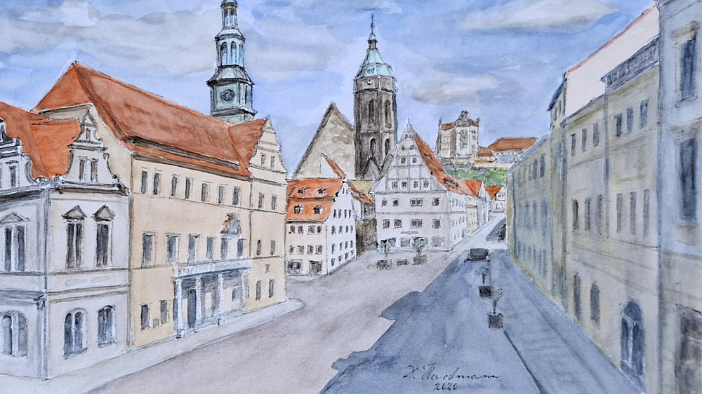 Gemälde von Dieter Hartmann Pirnaer Marktplatz gezeichnet von Dieter Hartmann