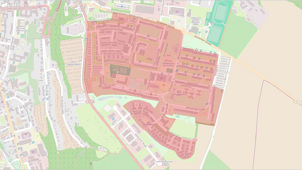 Breitband Sonnenstein Karte mit dem Gebiet, in welchem die Telekom das Breitbandnetz ausbaut