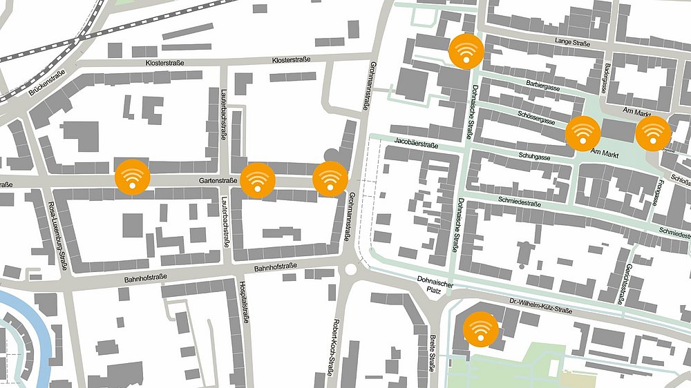 Übersicht Karte mit WLAN-Hotspots in Pirna