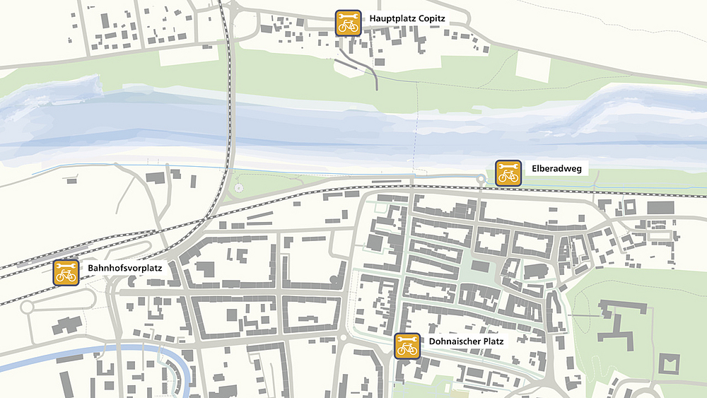 Kartenausschnitt mit den Fahrradservice-Stationen im Pirnaer Stadtgebiet