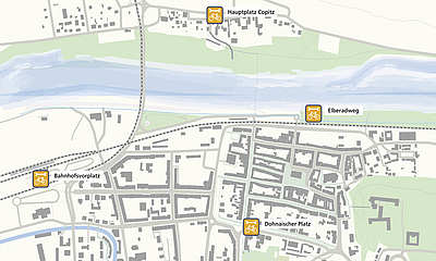 Karte Fahrrad-Reparaturstationen Kartenausschnitt mit den Fahrradservice-Stationen im Pirnaer Stadtgebiet
