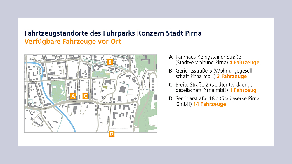 Fahrzeugstandorte Konzern Stadt Pirna Kartendarstellung mit Anzahl der Fahrzeuge pro Standort